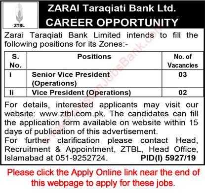 Vice President Jobs in ZTBL 2020 May Apply Online Zarai Taraqiati Bank